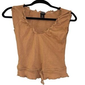 Guess Jeans Tan Lettuce Trim Sleeveless Blouse Women’s XS Draw String Waist Y2K